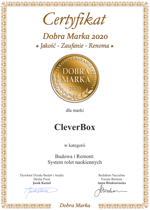 Certyfikat Dobra Marka 2020 dla produktu CleverBox i firmy BeClever