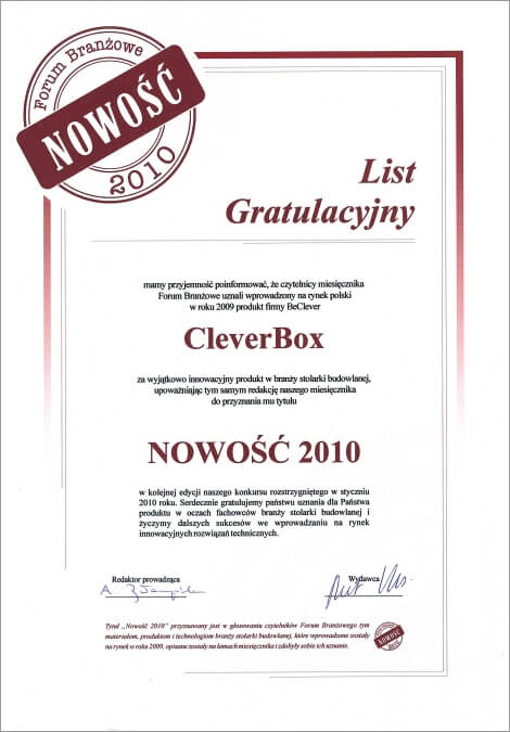 List gratulacyjny od czytelników Forum Branżowe dla produktu CleverBox za innowacyjny produkt w branży stolarki budowlanej