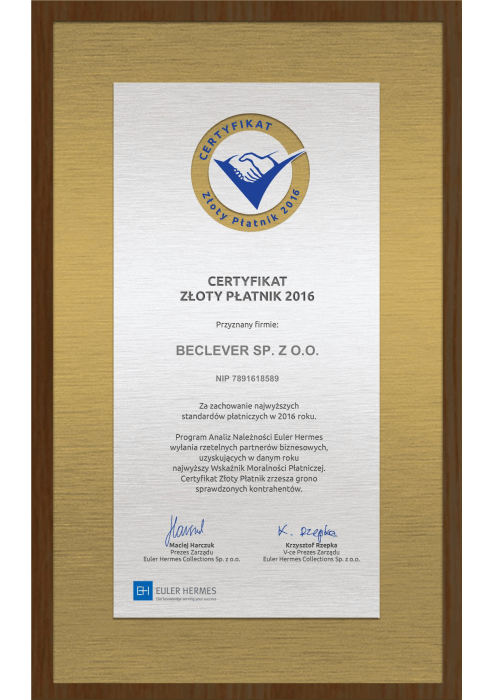 Certyfikat Złoty Płatnik 2016 dla BeClever Sp. z o.o.