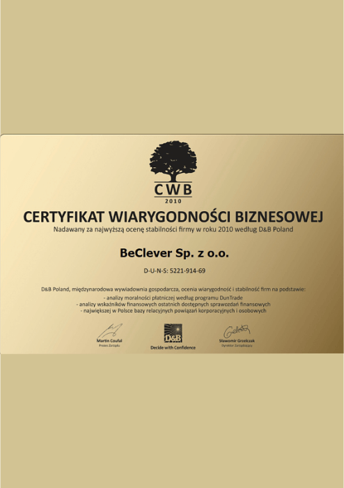 Certyfikat Wiarygodności Biznesowej 2010 dla BeClever Sp. z o.o.