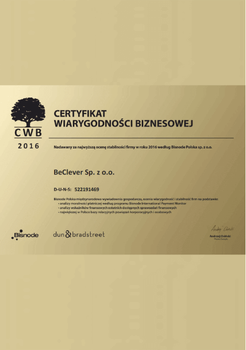 Certyfikat Wiarygodności Biznesowej 2016 dla BeClever Sp. z o.o.