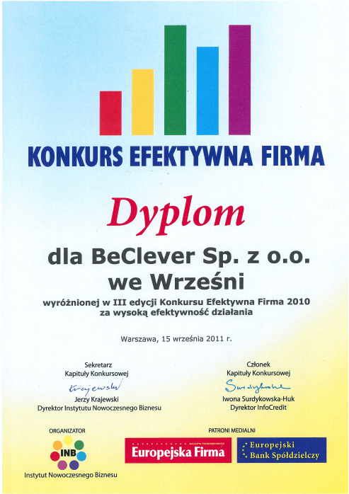 Dyplom Efektywna Firma 2010 dla BeClever Sp. z o.o.