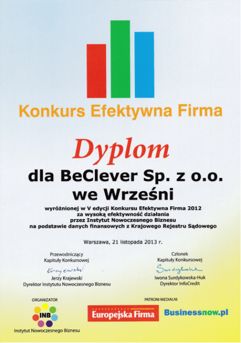 Dyplom Efektywna Firma 2012 dla BeClever Sp. z o.o.