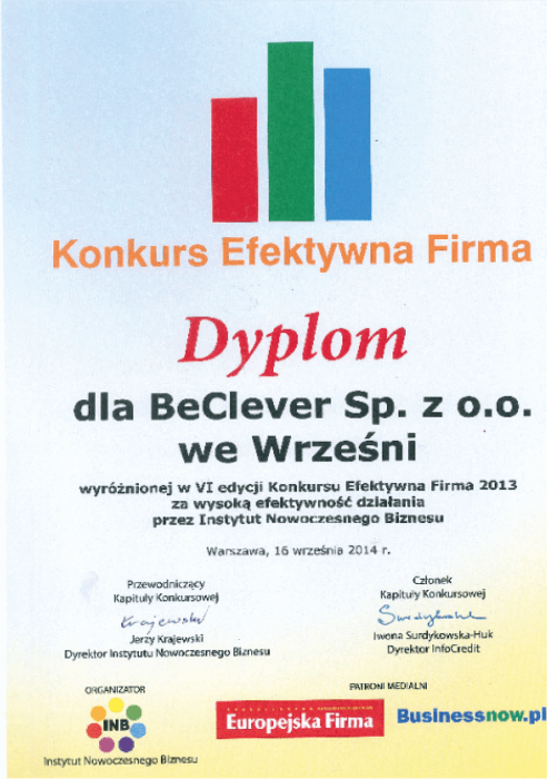Dyplom Efektywna Firma 2013 dla BeClever Sp. z o.o.