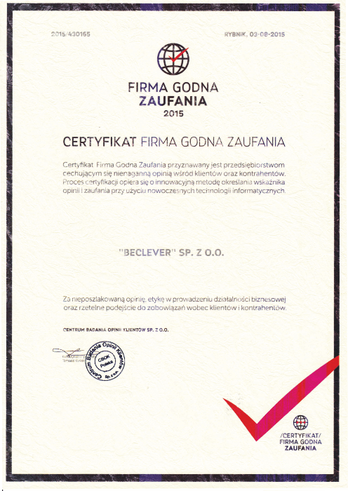Certyfikat Firma Godna Zaufania 2015 dla BeClever Sp. z o.o.