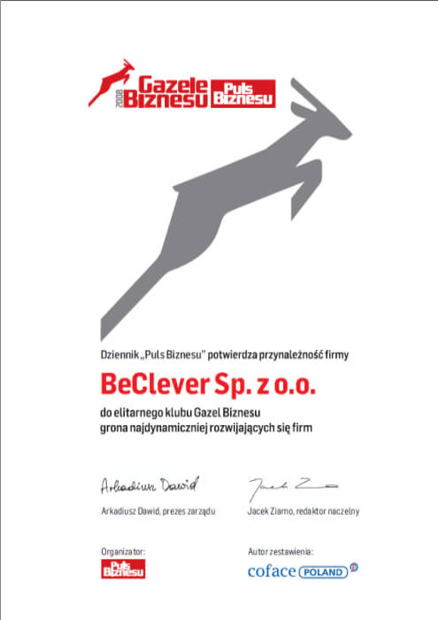 Certyfikat Gazele Biznesu 2008 dla BeClever Sp. z o.o.