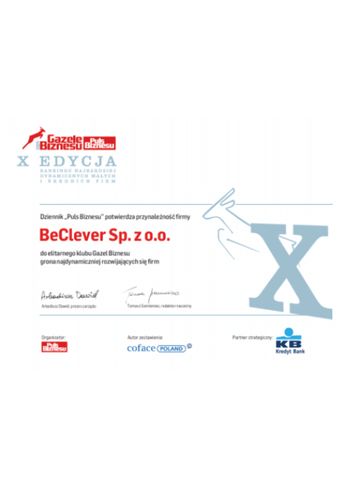 Certyfikat Gazele Biznesu 2009 dla BeClever Sp. z o.o.