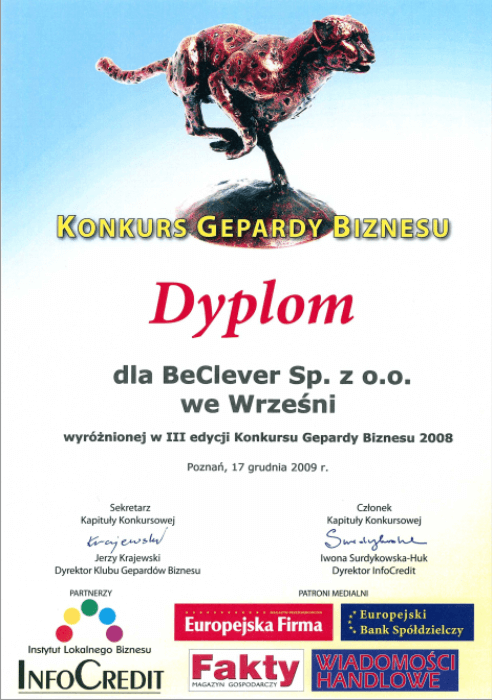 Dyplom Gepardy Biznesu 2008 dla BeClever Sp. z o.o.