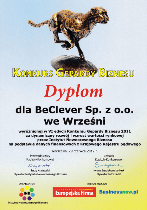 Dyplom Gepardy Biznesu 2011 dla BeClever Sp. z o.o.