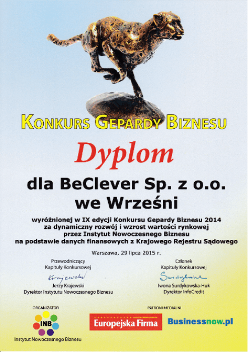 Dyplom Gepardy Biznesu 2014 dla BeClever Sp. z o.o.