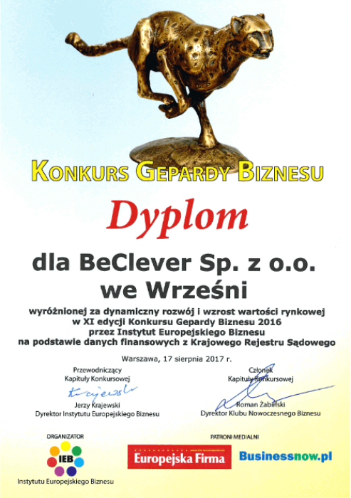Dyplom Gepardy Biznesu 2016 dla BeClever Sp. z o.o.