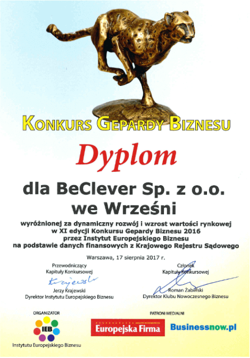 Dyplom Gepardy Biznesu 2016 dla BeClever Sp. z o.o.
