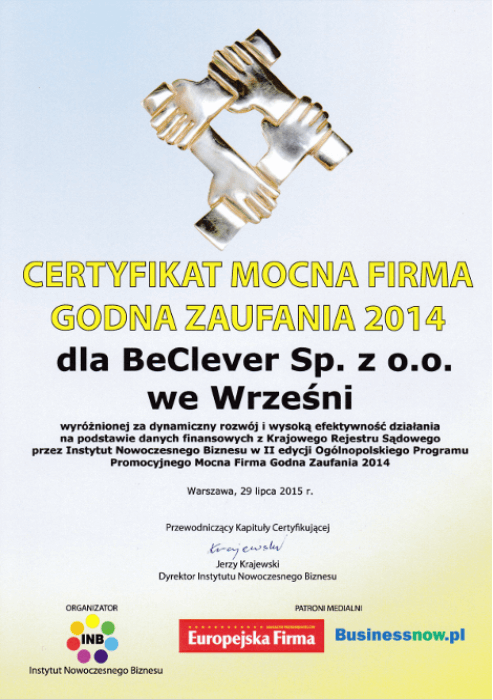 Certyfikat Mocna Firma Godna Zaufania 2014 dla BeClever Sp. z o.o.