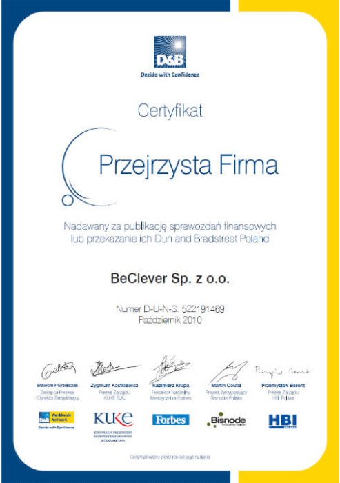 Certyfikat Przejrzysta Firma 2010 dla BeClever Sp. z o.o.