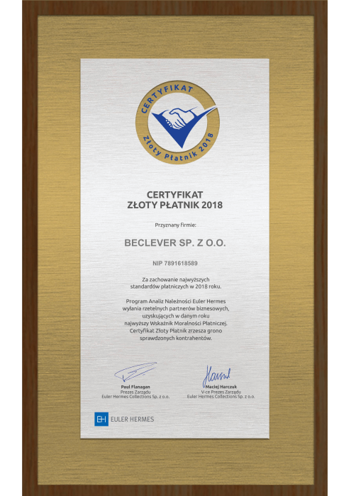 Certyfikat Złoty Płatnik 2018 dla BeClever Sp. z o.o.