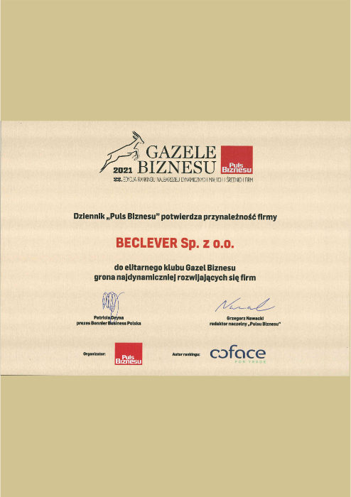 Certyfikat Gazele Biznesu 2021 dla firmy BeClever za należenie do grona najdynamiczniej rozwijających się firm w Polsce